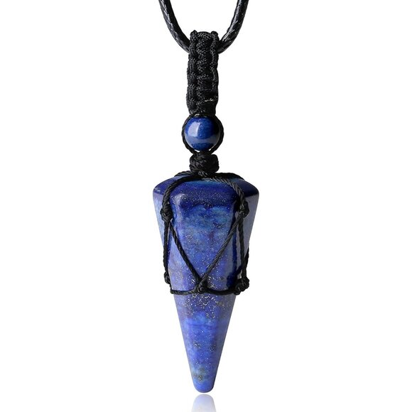💫 Men Blue Gemstone Pendant Necklace Adjustable Rope Natural Crystal Jewelry